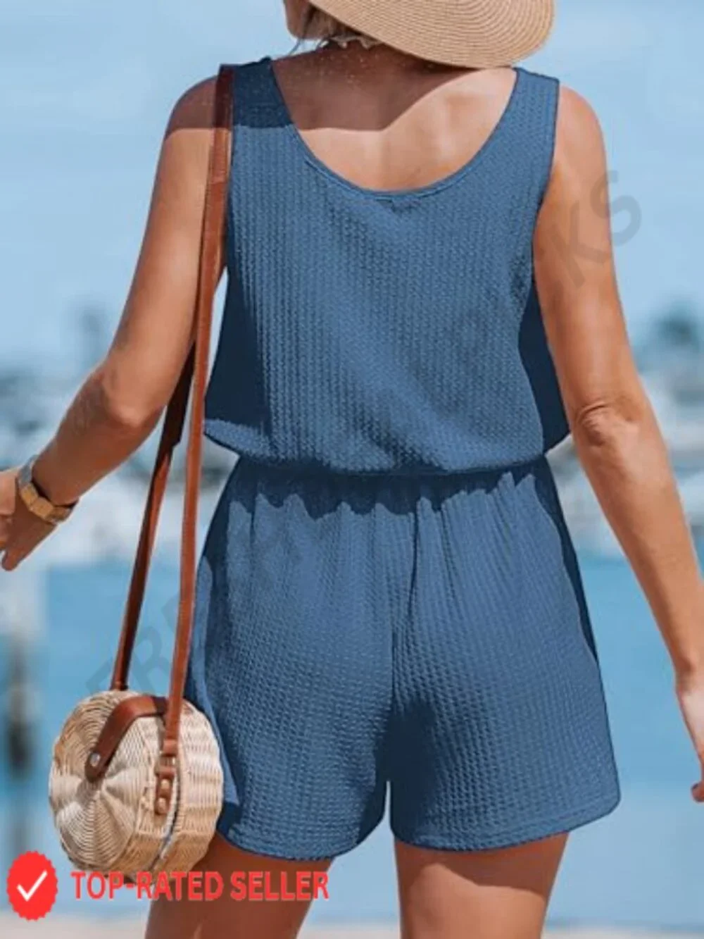 Sleeveless Waffle Knit Romper Casual Drawstring Summer Scoop Neck